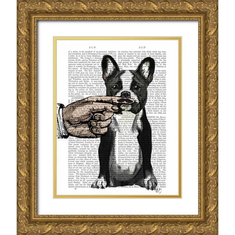 French Bulldog and Finger Moustache Gold Ornate Wood Framed Art Print with Double Matting by Fab Funky