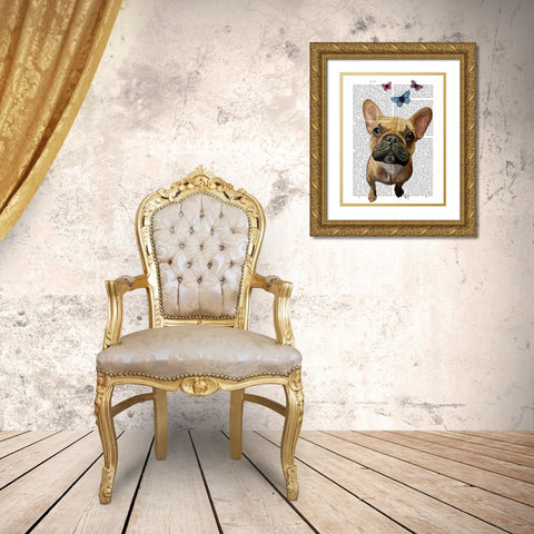 Brown French Bulldog and Butterflies Gold Ornate Wood Framed Art Print with Double Matting by Fab Funky