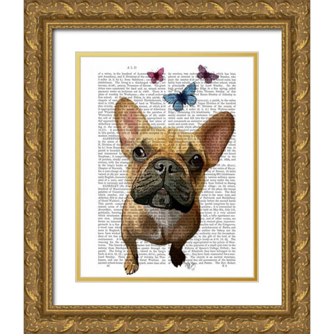 Brown French Bulldog and Butterflies Gold Ornate Wood Framed Art Print with Double Matting by Fab Funky
