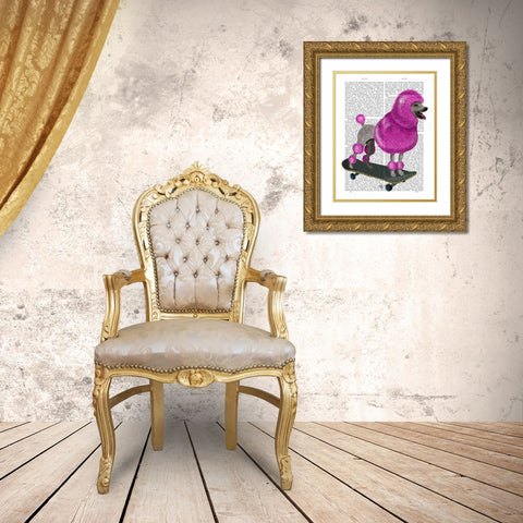 Pink Poodle and Skateboard Gold Ornate Wood Framed Art Print with Double Matting by Fab Funky