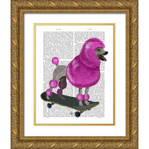 Pink Poodle and Skateboard Gold Ornate Wood Framed Art Print with Double Matting by Fab Funky