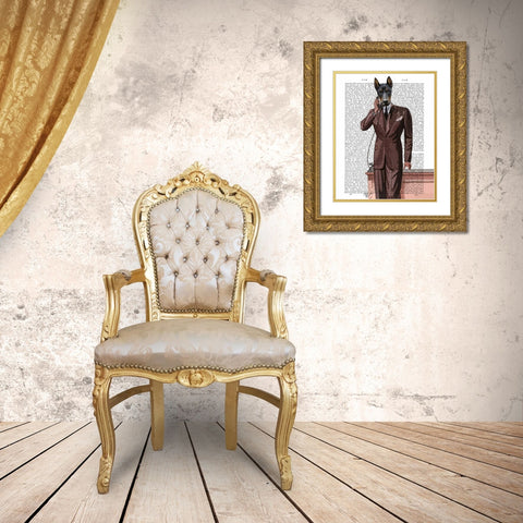 Doberman on Phone Gold Ornate Wood Framed Art Print with Double Matting by Fab Funky