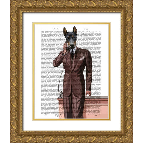 Doberman on Phone Gold Ornate Wood Framed Art Print with Double Matting by Fab Funky