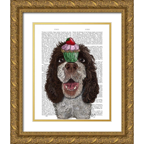 Springer Spaniel with Cupcake Gold Ornate Wood Framed Art Print with Double Matting by Fab Funky