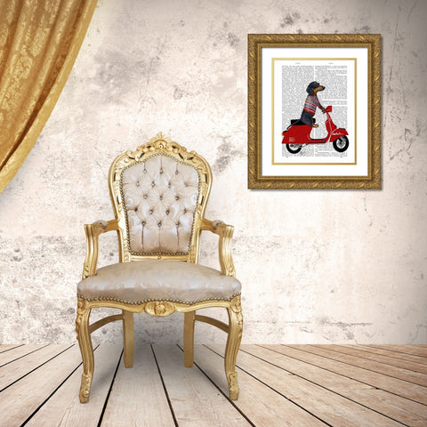 Dachshund on a Moped Gold Ornate Wood Framed Art Print with Double Matting by Fab Funky