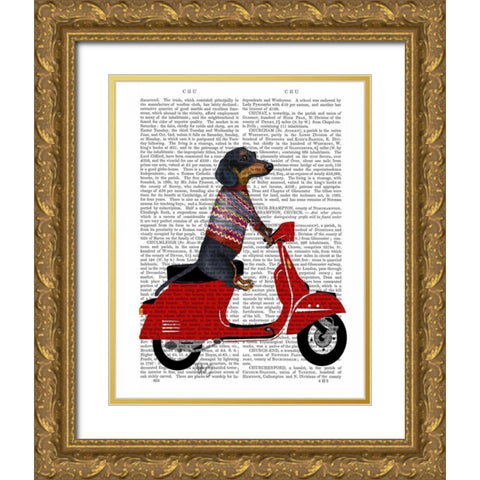 Dachshund on a Moped Gold Ornate Wood Framed Art Print with Double Matting by Fab Funky