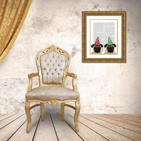Party Pugs Pair Gold Ornate Wood Framed Art Print with Double Matting by Fab Funky