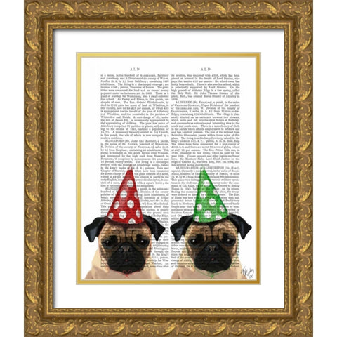Party Pugs Pair Gold Ornate Wood Framed Art Print with Double Matting by Fab Funky