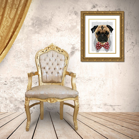 Pug with Red Spotted Bow Tie Gold Ornate Wood Framed Art Print with Double Matting by Fab Funky
