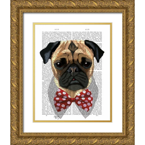 Pug with Red Spotted Bow Tie Gold Ornate Wood Framed Art Print with Double Matting by Fab Funky