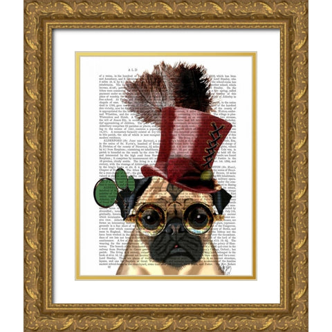 Pug with Steampunk Style Top Hat Gold Ornate Wood Framed Art Print with Double Matting by Fab Funky