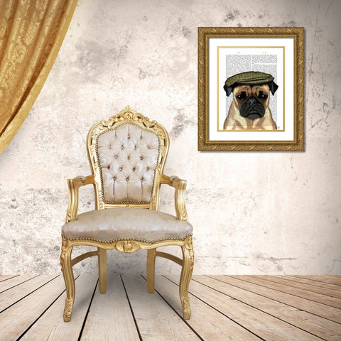 Pug in Flat Cap Gold Ornate Wood Framed Art Print with Double Matting by Fab Funky
