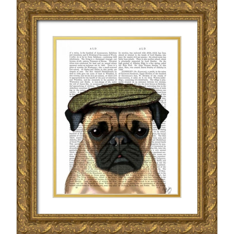 Pug in Flat Cap Gold Ornate Wood Framed Art Print with Double Matting by Fab Funky