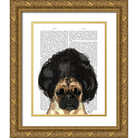 Pug In A Bad Wig Gold Ornate Wood Framed Art Print with Double Matting by Fab Funky