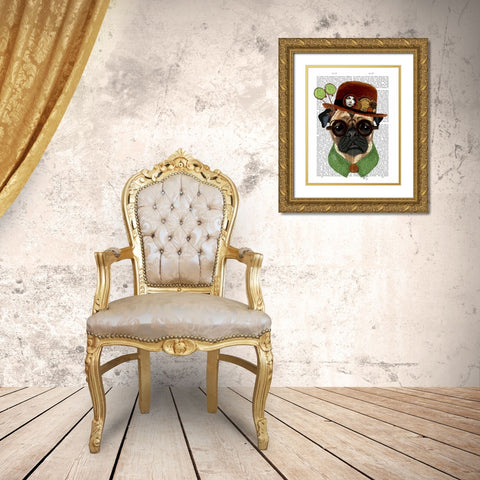 Pug with Steampunk Bowler Hat Gold Ornate Wood Framed Art Print with Double Matting by Fab Funky