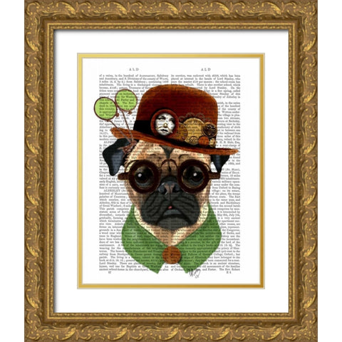 Pug with Steampunk Bowler Hat Gold Ornate Wood Framed Art Print with Double Matting by Fab Funky