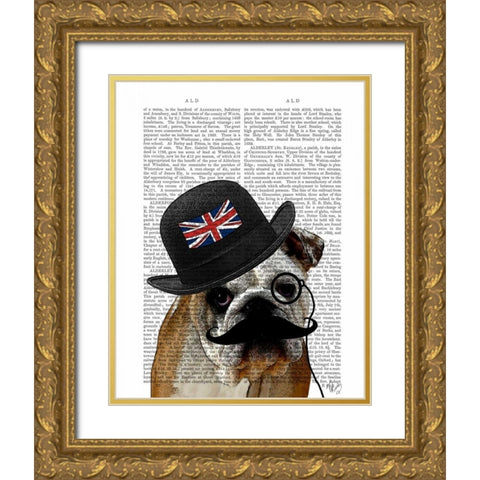 British Bulldog and Bowler Hat Gold Ornate Wood Framed Art Print with Double Matting by Fab Funky