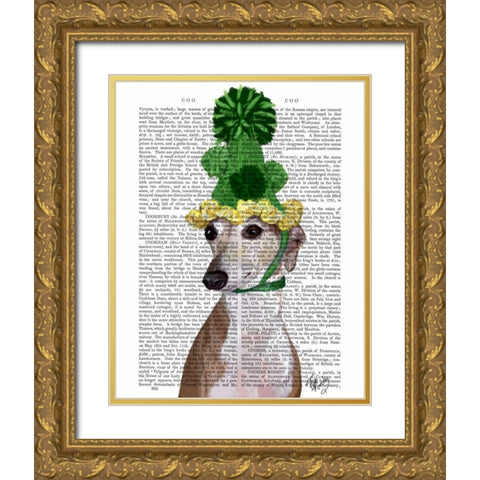 Greyhound in Green Knitted Hat Gold Ornate Wood Framed Art Print with Double Matting by Fab Funky