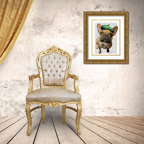 Brown French Bulldog with Green Hat Gold Ornate Wood Framed Art Print with Double Matting by Fab Funky