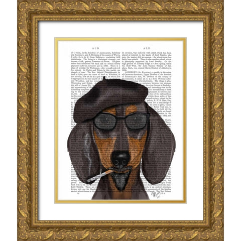 Hipster Dachshund Black and Tan Gold Ornate Wood Framed Art Print with Double Matting by Fab Funky