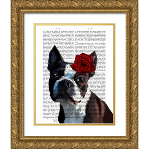 Boston Terrier with Rose on Head Gold Ornate Wood Framed Art Print with Double Matting by Fab Funky