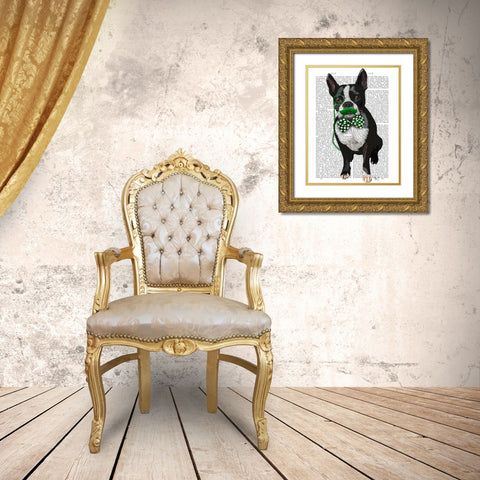 Boston Terrier With Green Moustache And Spotty Green Bow Tie Gold Ornate Wood Framed Art Print with Double Matting by Fab Funky