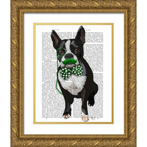 Boston Terrier With Green Moustache And Spotty Green Bow Tie Gold Ornate Wood Framed Art Print with Double Matting by Fab Funky
