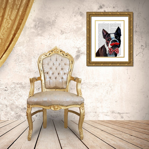 Boston Terrier Portrait with Red Bow Tie and Moustache Gold Ornate Wood Framed Art Print with Double Matting by Fab Funky