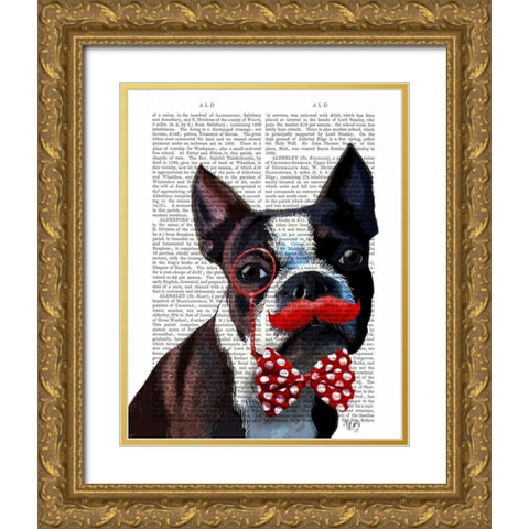 Boston Terrier Portrait with Red Bow Tie and Moustache Gold Ornate Wood Framed Art Print with Double Matting by Fab Funky