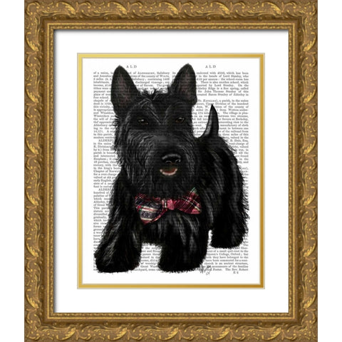 Scottish Terrier and Bow Gold Ornate Wood Framed Art Print with Double Matting by Fab Funky