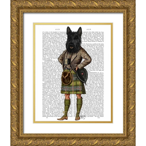 Scottish Terrier in Kilt Gold Ornate Wood Framed Art Print with Double Matting by Fab Funky