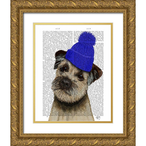 Border Terrier with Blue Bobble Hat Gold Ornate Wood Framed Art Print with Double Matting by Fab Funky