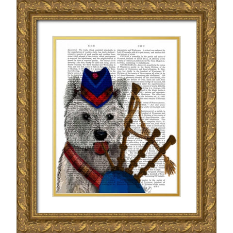 West Highland Terrier and Bagpipes Gold Ornate Wood Framed Art Print with Double Matting by Fab Funky