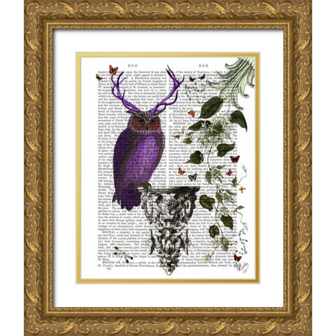 Purple Owl With Antlers Gold Ornate Wood Framed Art Print with Double Matting by Fab Funky