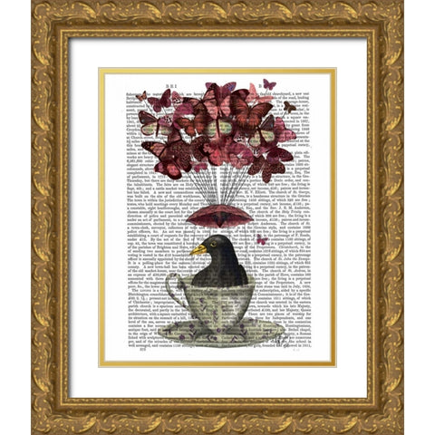 Blackbird In Teacup Gold Ornate Wood Framed Art Print with Double Matting by Fab Funky