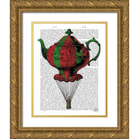 Flying Teapot 2 Red and Green Gold Ornate Wood Framed Art Print with Double Matting by Fab Funky