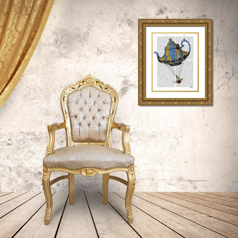 Flying Teapot 3 Blue and Yellow Gold Ornate Wood Framed Art Print with Double Matting by Fab Funky