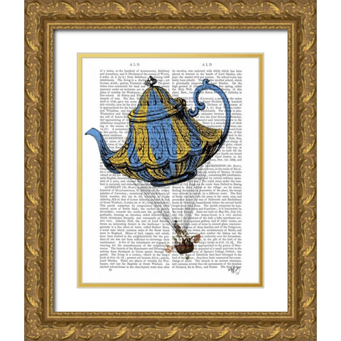 Flying Teapot 3 Blue and Yellow Gold Ornate Wood Framed Art Print with Double Matting by Fab Funky