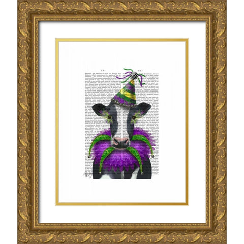 Mardi Gras Cow Gold Ornate Wood Framed Art Print with Double Matting by Fab Funky