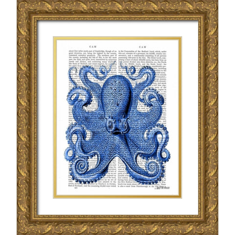 Vintage Blue Octopus 1 Front Gold Ornate Wood Framed Art Print with Double Matting by Fab Funky