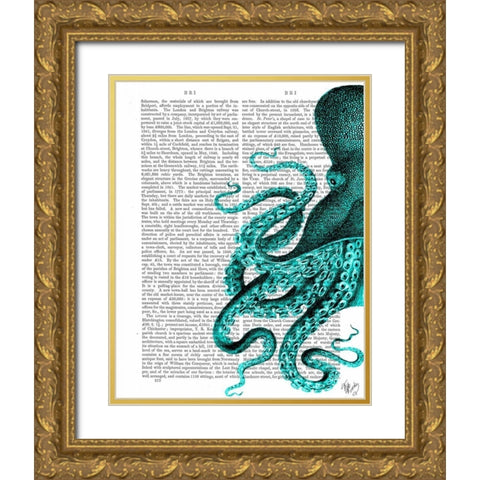 Octopus Green Half Gold Ornate Wood Framed Art Print with Double Matting by Fab Funky