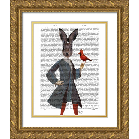 Rabbit and Bird Gold Ornate Wood Framed Art Print with Double Matting by Fab Funky