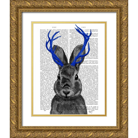 Jackalope with Blue Antlers Gold Ornate Wood Framed Art Print with Double Matting by Fab Funky
