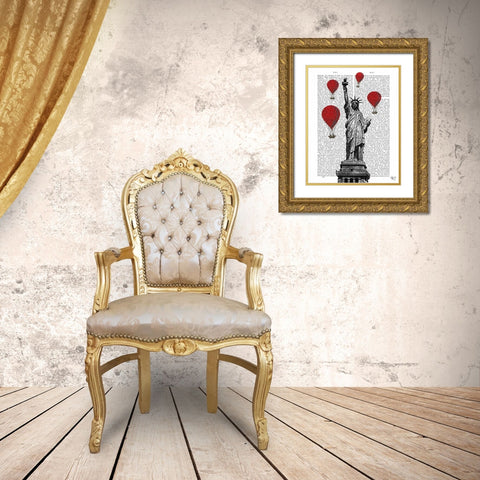 Statue Of Liberty and Red Hot Air Balloons Gold Ornate Wood Framed Art Print with Double Matting by Fab Funky