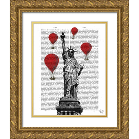 Statue Of Liberty and Red Hot Air Balloons Gold Ornate Wood Framed Art Print with Double Matting by Fab Funky