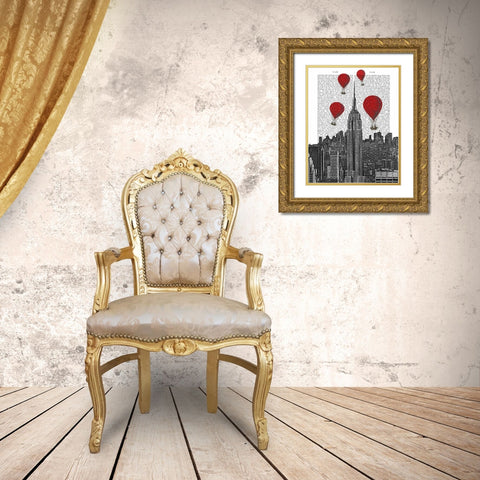 Empire State Building and Red Hot Air Balloons Gold Ornate Wood Framed Art Print with Double Matting by Fab Funky
