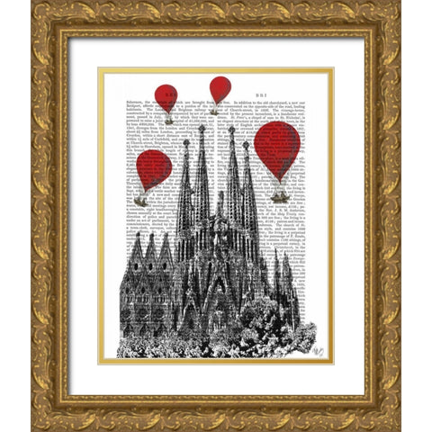 Sagrada Familia and Red Hot Air Balloons Gold Ornate Wood Framed Art Print with Double Matting by Fab Funky