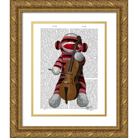 Sock Monkey and Cello Gold Ornate Wood Framed Art Print with Double Matting by Fab Funky