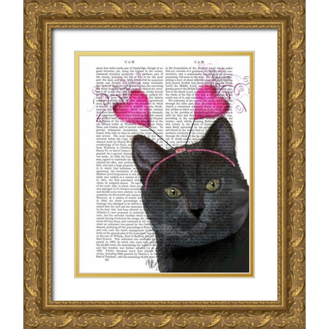 Black Cat Valentines Gold Ornate Wood Framed Art Print with Double Matting by Fab Funky