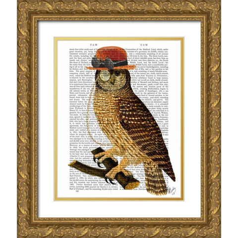 Owl with Steampunk Style Bowler Hat Gold Ornate Wood Framed Art Print with Double Matting by Fab Funky
